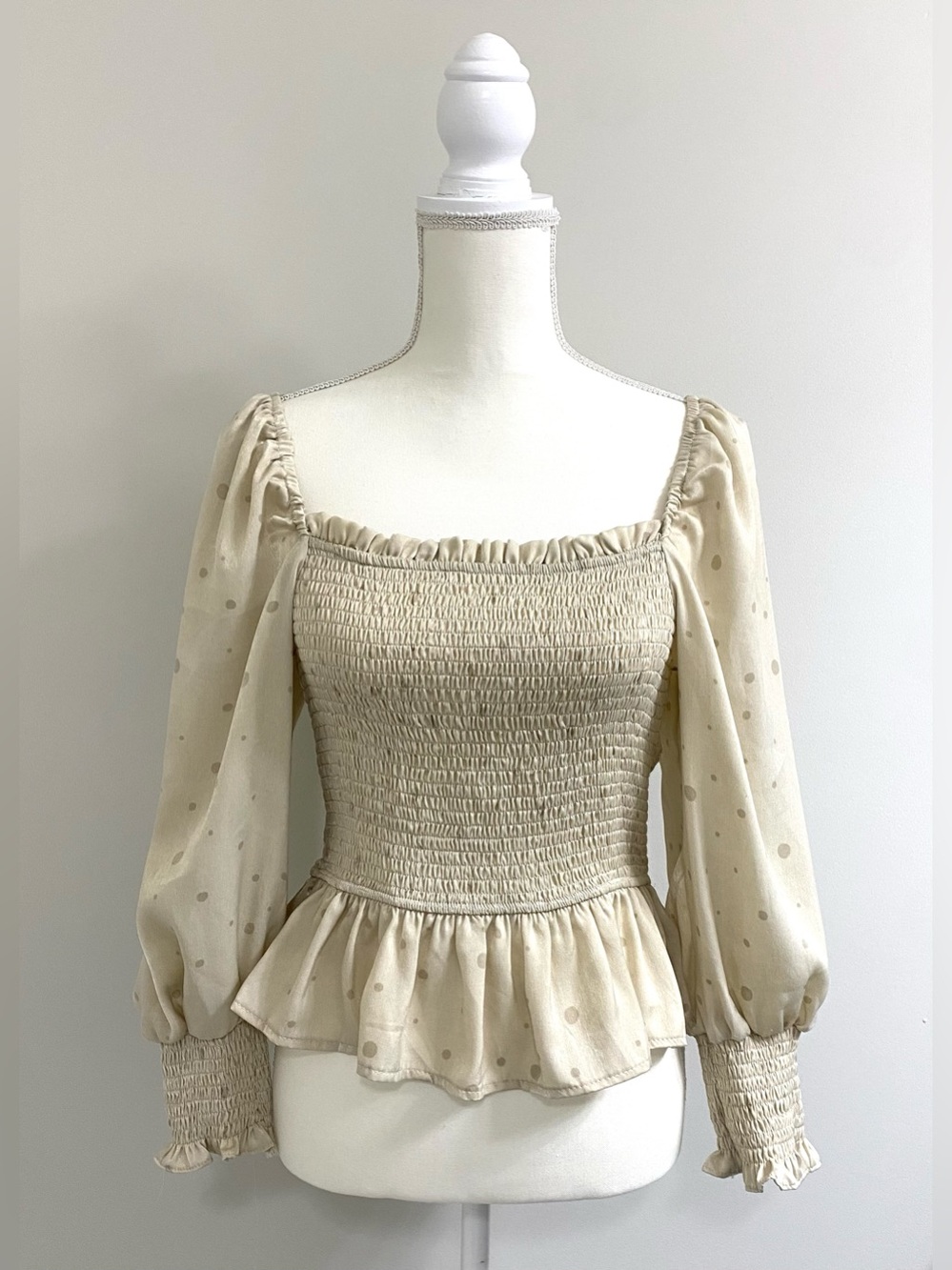 Mine Womens L Tan Polka Dot Satin Peplum Top Boho Fall Neutral Fairy Cottagecore - Picture 1 of 13